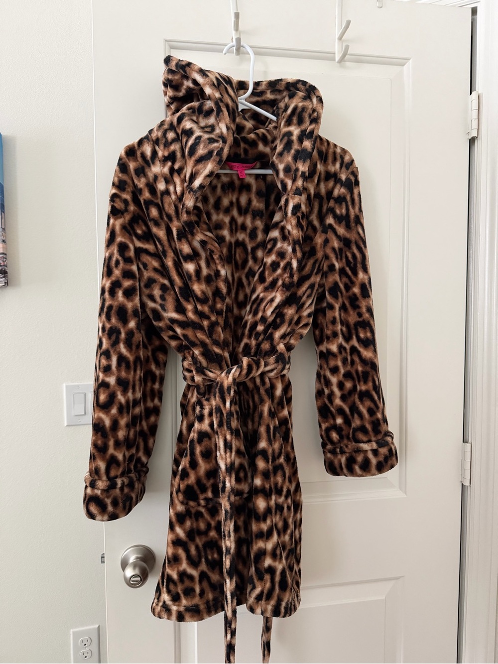 Betsey Johnson Leopard-Print Plush Hooded Robe Coat - brown